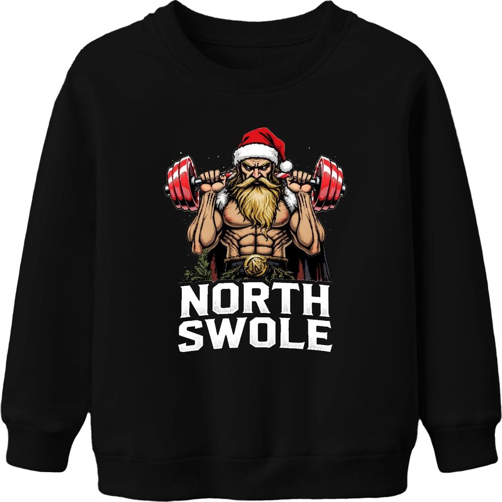 NORTH SWOLE Weihnachtsmann Fitness Gym Bodybuilding Geschenk Uni Kinder Sweatshirt Pullover, Schwarz, 116