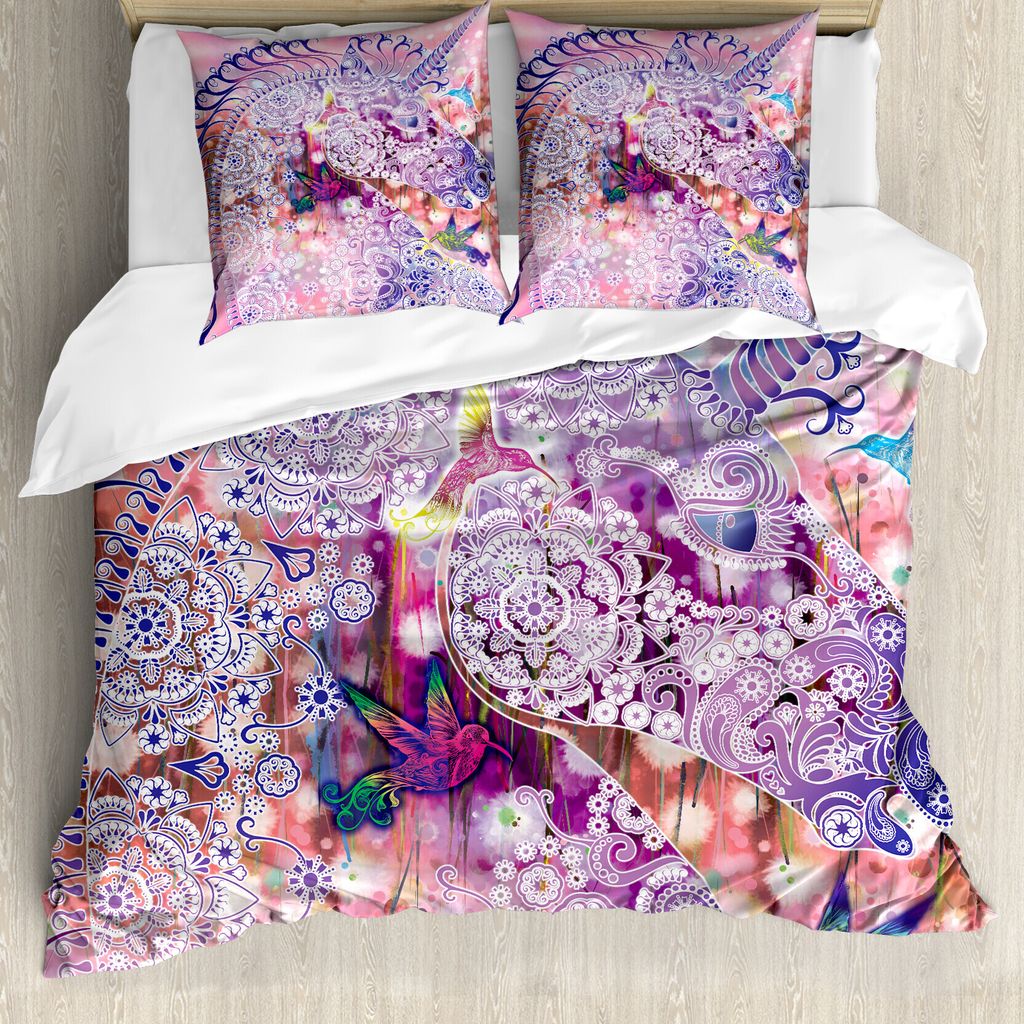 ABAKUHAUS Einhorn Bettbezugs Set Für Doppelbetten, Bunte Fantasie Tiervögel, Milbensicher Allergiker geeignet mit Kissenbezügen, Lila Rosa Dunke...