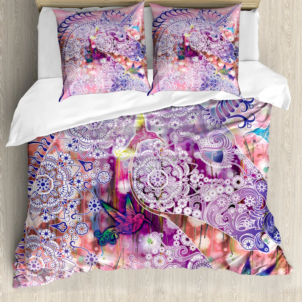 ABAKUHAUS Set copripiumino Unicorno Per letti matrimoniali, Animali e uccelli fantasiosi colorati, Antiacaro Adatto a chi soffre di allergie Con federe, Viola Rosa Scuro Viola Giallo Verde