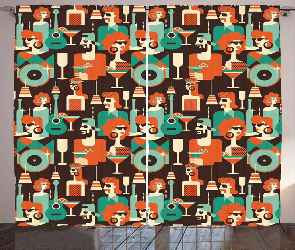 Rideau rustique motif scène de fête rétro taupe 280 x 225 cm XL