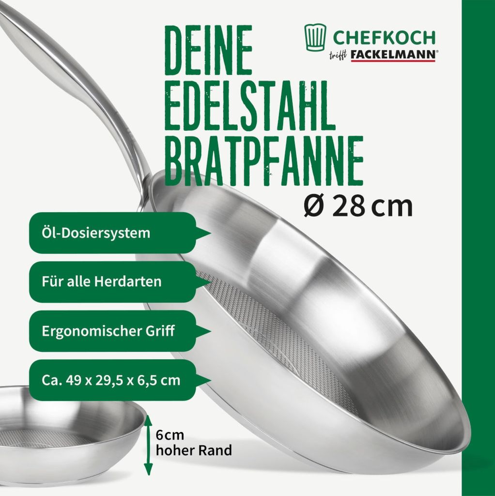 A close-up marketing image of a stainless steel frying pan with descriptive text and logos.