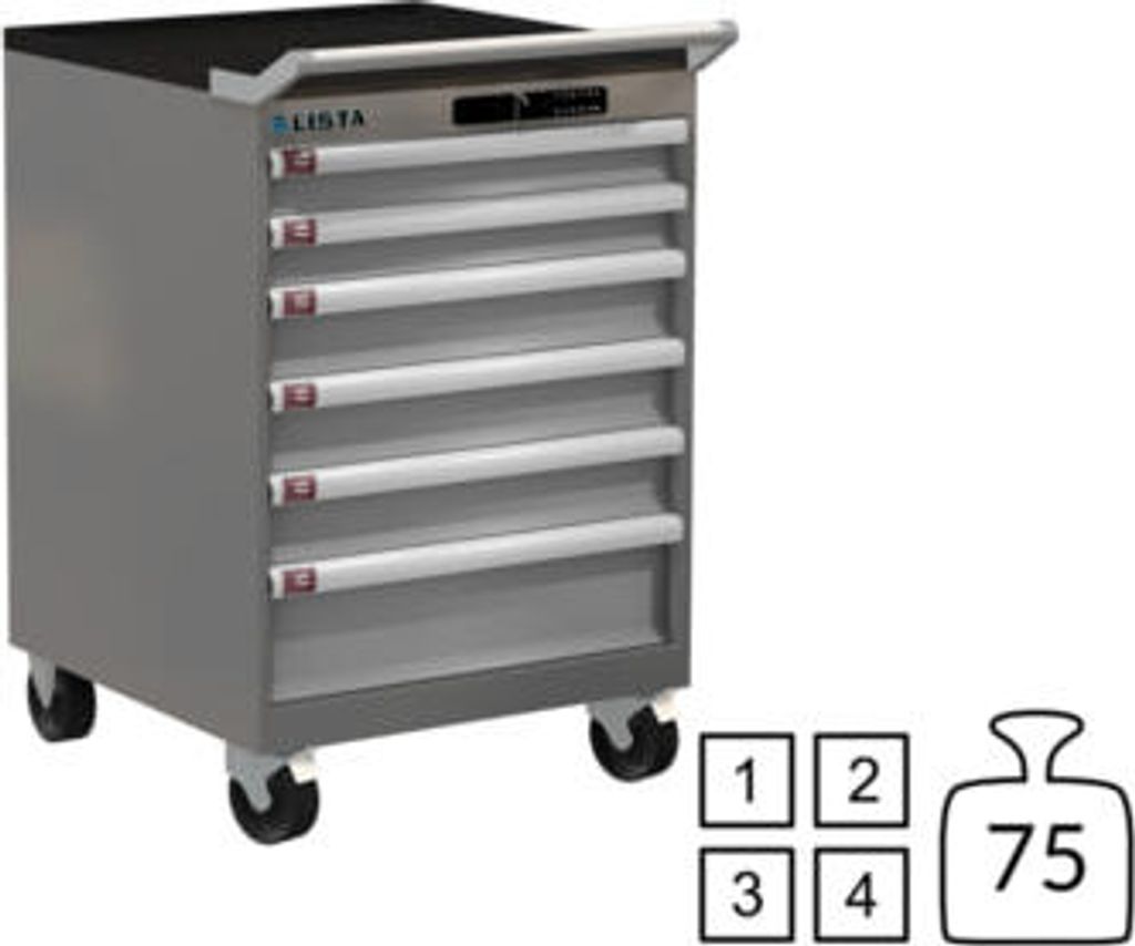 Lista Schubladenschrank - fahrbar - 78.114.521 - 890 x 564 x 572 mm (HxBxT) - 6 Schubladen - 75 kg - Code Lock - NCS S 6502-B/RAL 7035