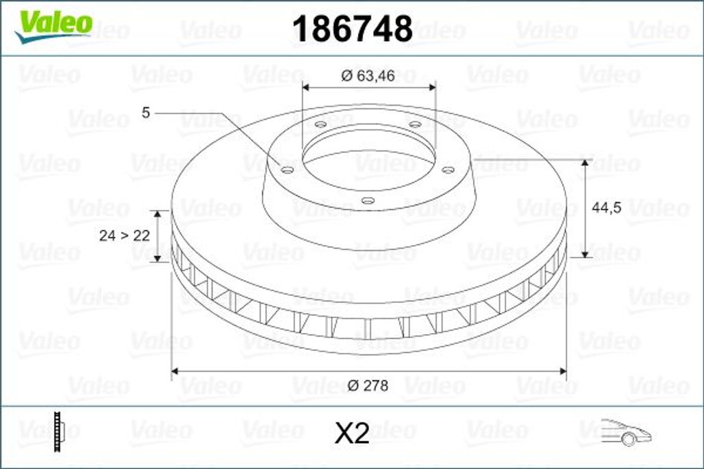 2x VALEO Bremsscheibe 186748 vorne 44 4mm 13 95kg 278mm