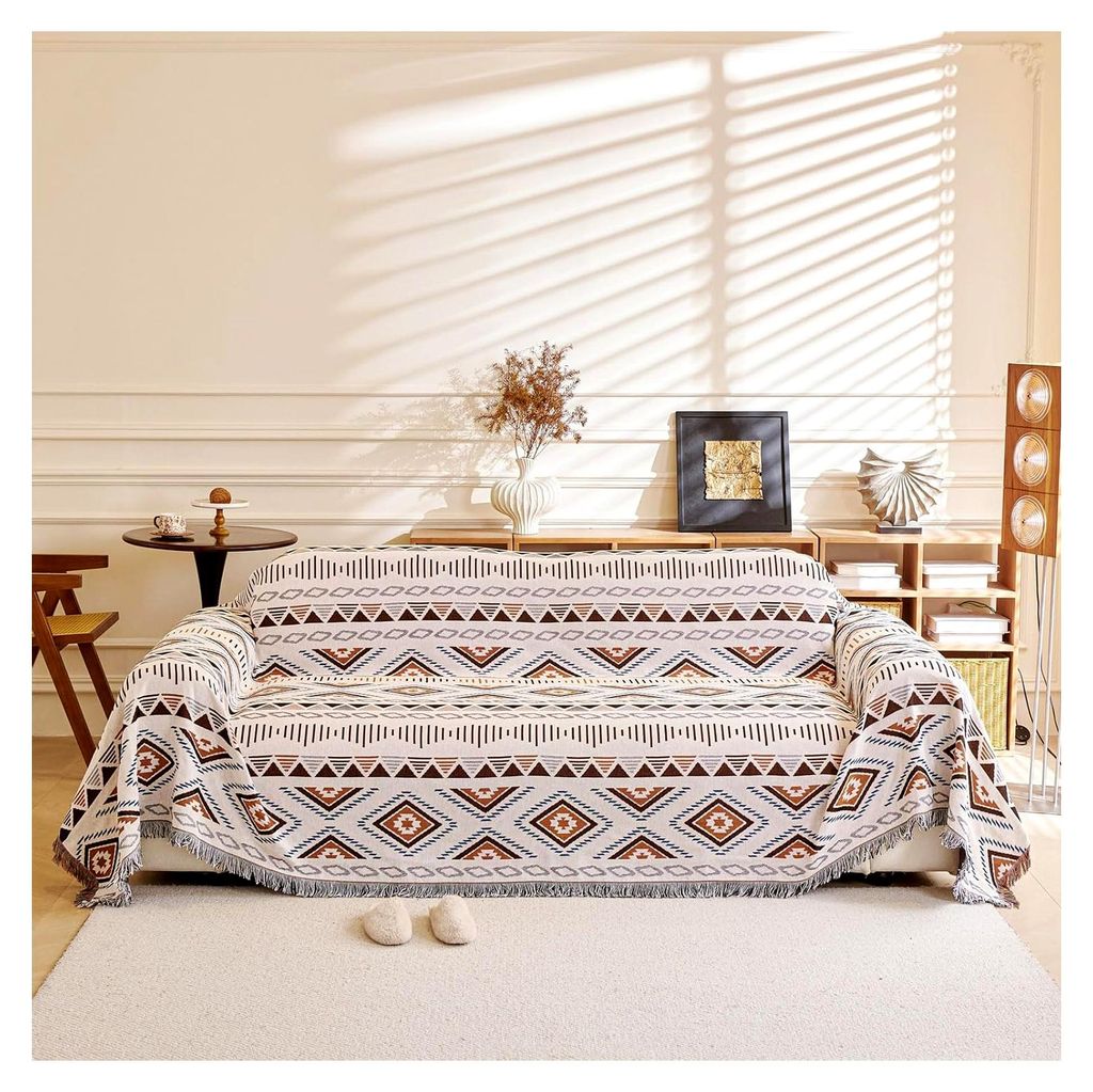 Dicht gewebter Sofaüberwurf mit Quasten im Bohemian-Muster, wendbar, im Azteken-Stil, für große Sofas, Betten und Sessel, 180 x 230 cm