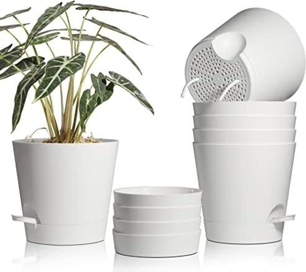 T4U Kunststoff Blumentopf mit Bewässerungssystem, 6er-Set Selbstbewässerung Übertopf mit Untersetzer, Rund Pflanzkübel für Innen und Balkon Ga...