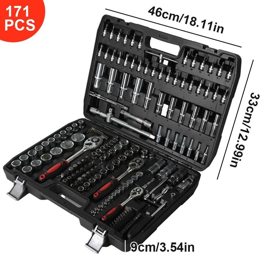 Kfz Werkzeugkoffer 171 tlg - Steckschlüssel Ratschen Set - Kohlenstoffstahl - Profi Auto Reparatursatz - Handwerkzeug im Koffer - Schwarz