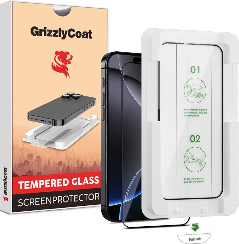 GrizzlyCoat AlignPro iPhone 16 Pro Max Panzerglas Gehärtetes Glas Displayschutz - Hüllenfreundlich + Applikator - Schwarz