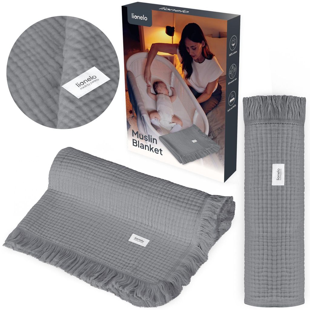 Lionelo Muslin Blanket Musselin-Decke 70x100 cm – 6-lagige Baumwolle, Ganzjahres Babydecke mit Fransen, atmungsaktiv & weich - Grau