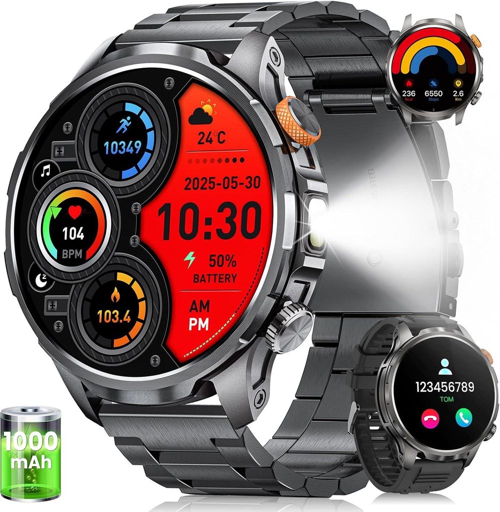 BANLVS Herren Smartwatch Militär 1.91" AMOLED Display 1000 mAh Akku Bluetooth Anrufe 5ATM wasserdicht 110 Sportmodi Herzfrequenz & Schlaftrackin