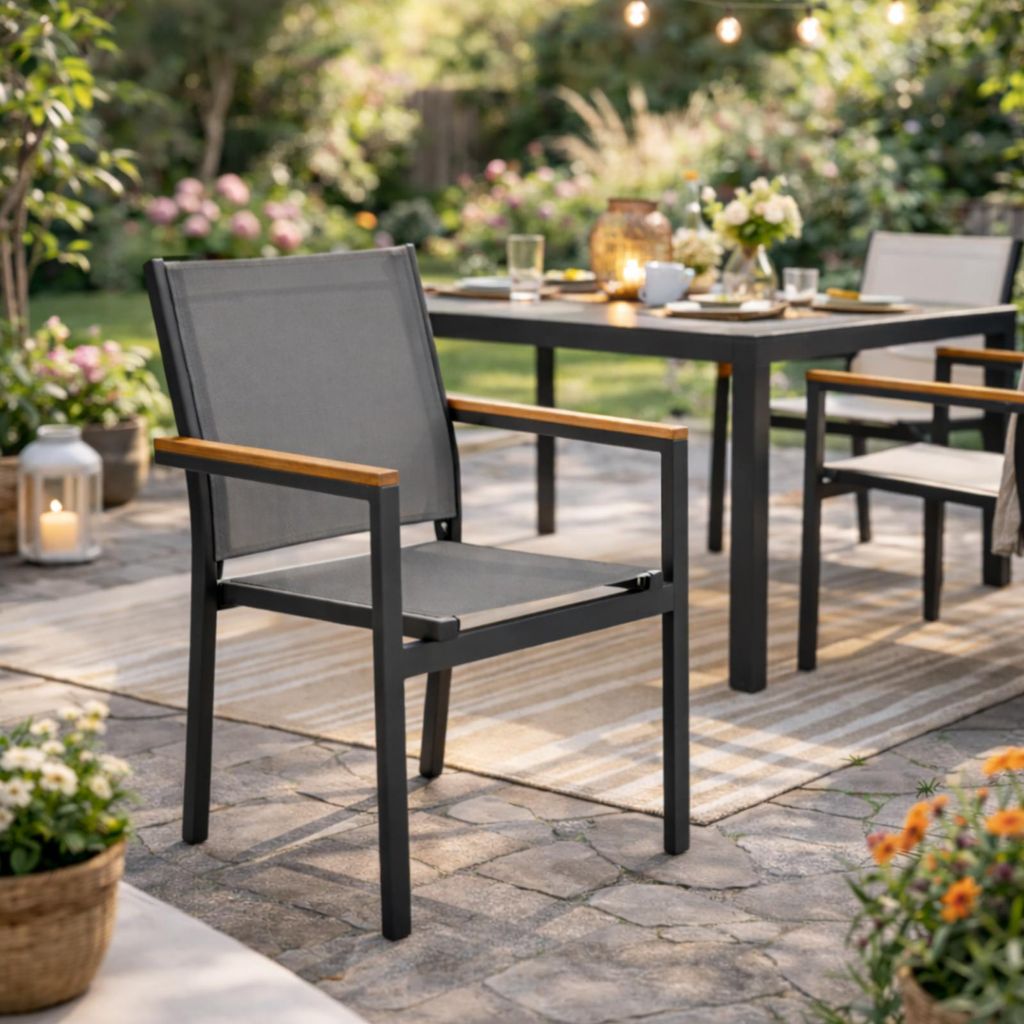 HAGO24 Gartenstuhl 2er Set Anthrazit Balkonstuhl Lounge Stuhl Terrassenstuhl Aluminium Anthrazit Textilene 2x1 Holzoptik Armlehne 120kg