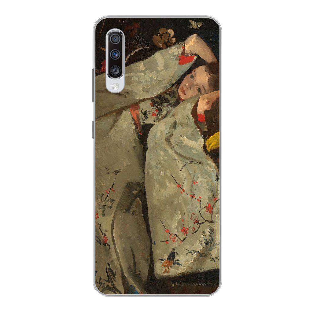 MuchoWow Handyhülle Schutzhülle Hülle für Samsung Galaxy A70 Mädchen im weißen Kimono - Gemälde von George Hendrik Breitner Silikon Softca...