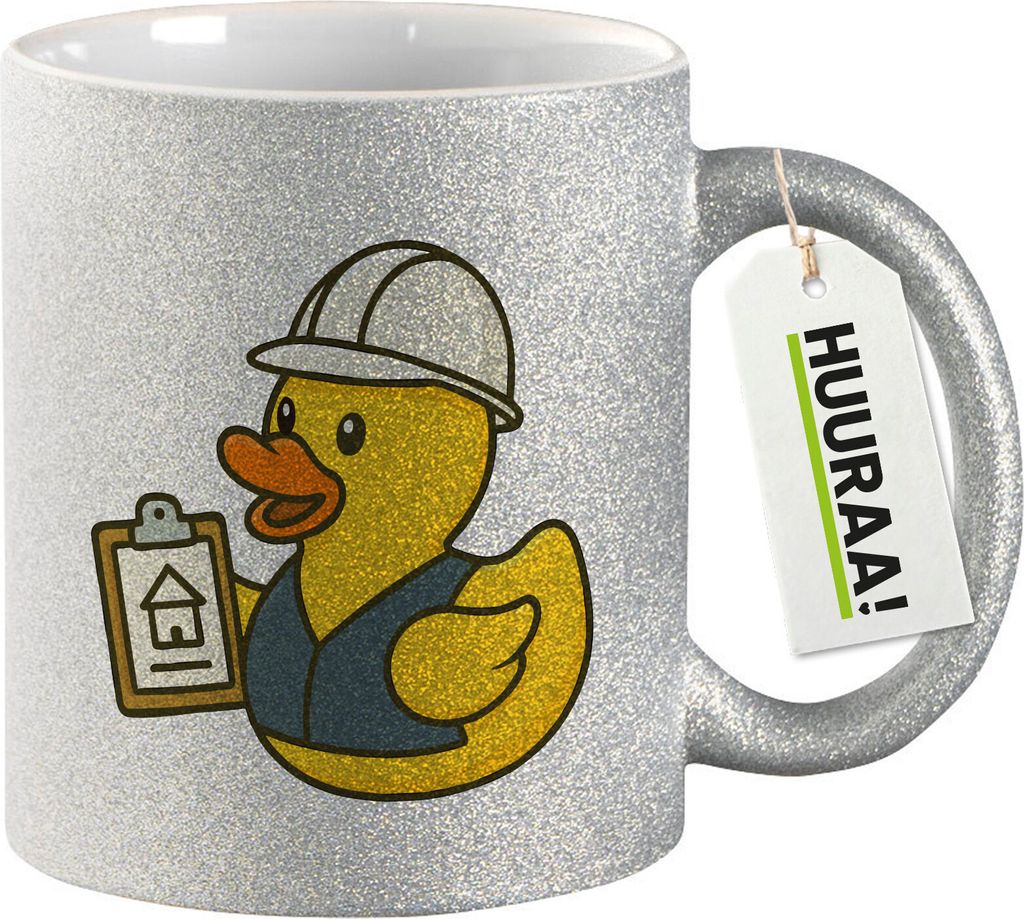 Huuraa Glitzertasse Quietscheente Bauingenieurwesen Comic Gummiente 330ml Silber Keramik Kaffeebecher Geschenkidee