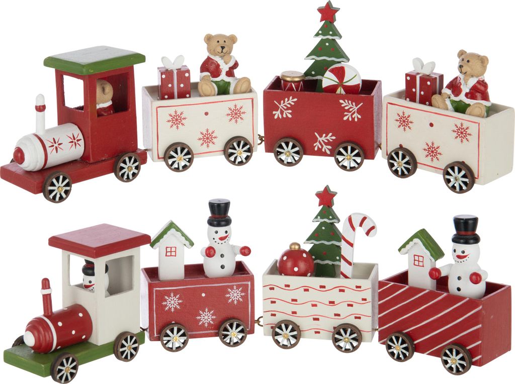J-Line Zug Bär + Schneemann Sperrholz Weihnachtsrot/Weiß Sortiert 2