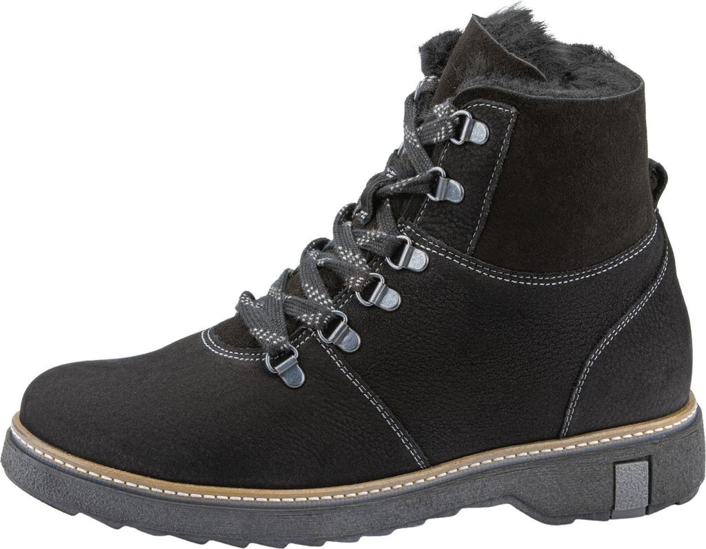 A black leather boot with laces and fur lining on a white background.