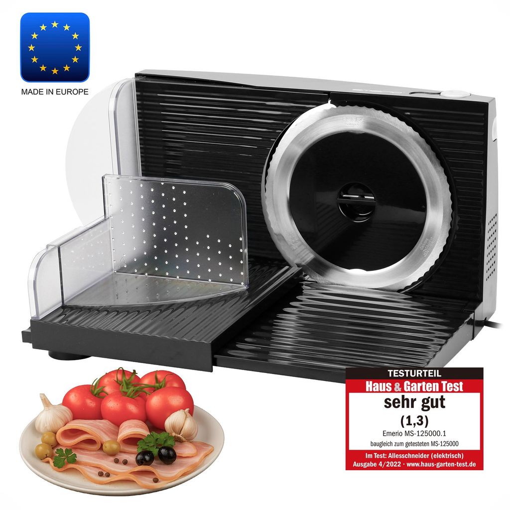 Emerio Multifunktionale Allesschneider – 100 W – Schnittstärke 0–17 mm – Edelstahlmesser – elektrische Schneidemaschine – MS-125000.1