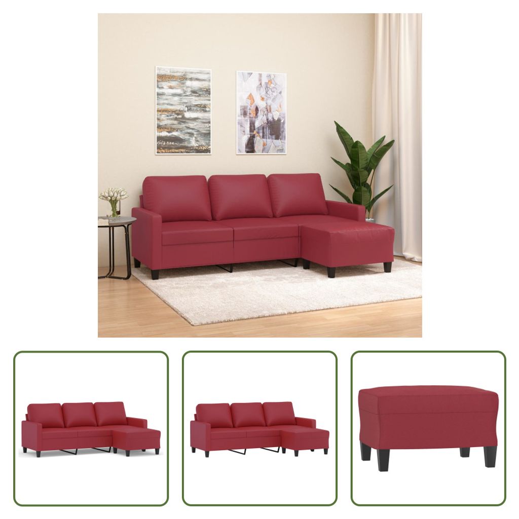 The Living Store 3-Sitzer-Sofa mit Hocker Weinrot 180 cm Kunstleder
