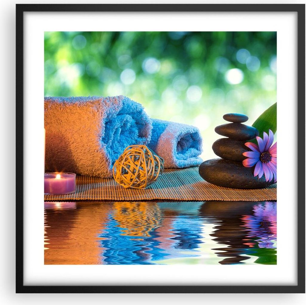 Gerahmtes Poster - Schwarzer Rahmen - Natur Entspannung Spa Kerzen - 50x50 cm - Wand Bild - Wanddeko - Wandbilder - Wandposter - Bilderrahmen - Bil...