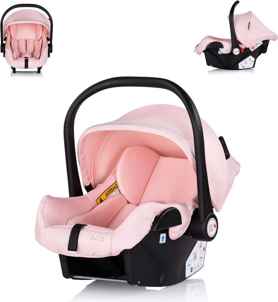 Three views of a pink baby car seat against a white background.