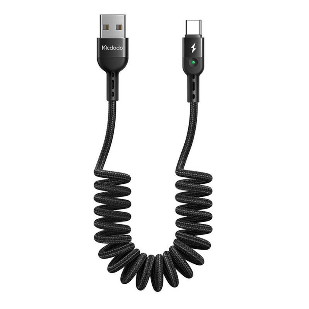 A black coiled USB-C charging cable with a USB-A connector on one end and a USB-C connector on the other, displayed against a white background.