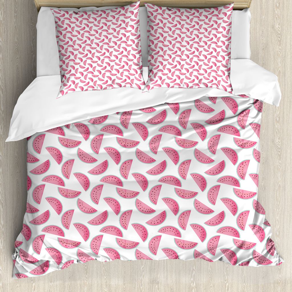 ABAKUHAUS Melone Bettbezug Set für Einzelbetten, Wassermelone-Scheiben Pastellton, Milbensicher Allergiker geeignet mit Kissenbezug, 155 cm x 220 ...