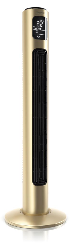 A gold tower fan shown from the front.