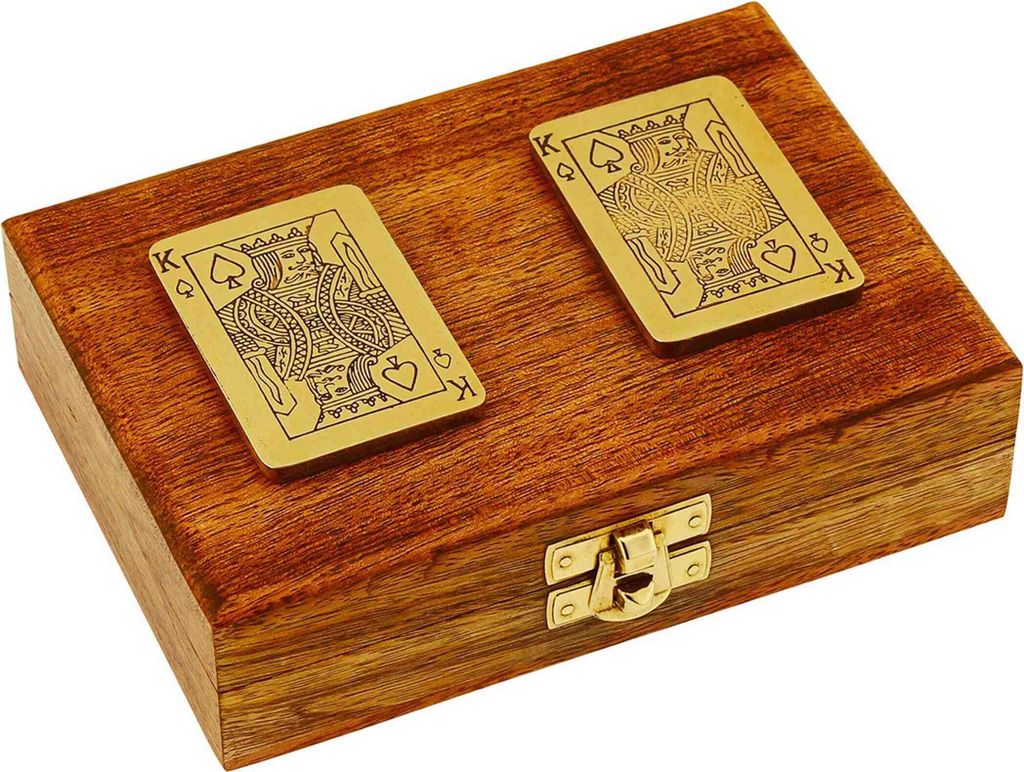 Doppelte Spielkartenbox aus Mango-Holz und Messing 15x11x4,5cm – Dekoration