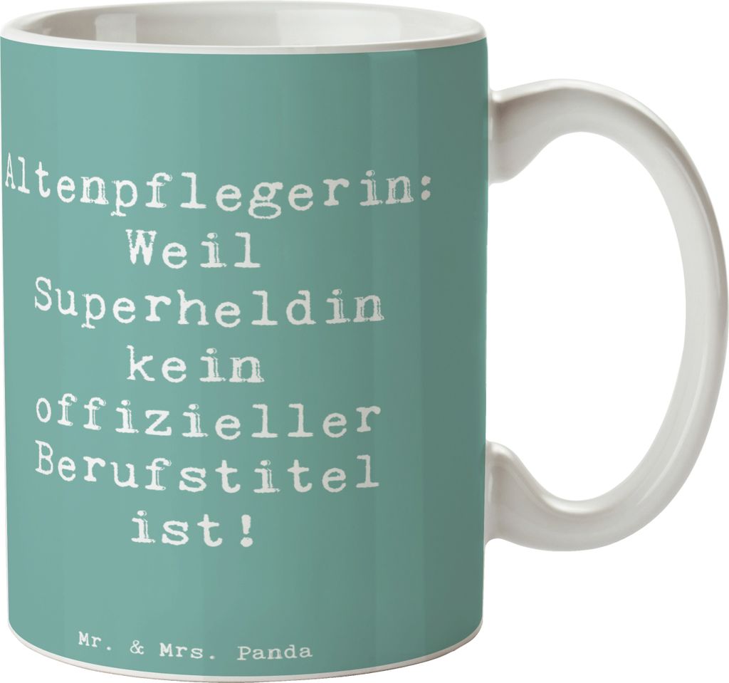 Mr. & Mrs. Panda Kaffeetasse Spruch Altenpflegerin Superheld - Meeresbrise - Geschenk, Trinkbecher, täglicher Einsatz, Pflege, Beruf, Berufsalltag...