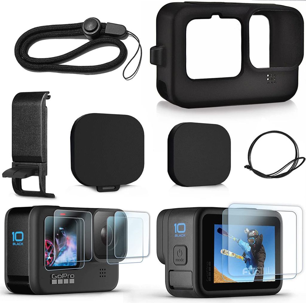 Gopro Hero 11 / Hero 10 / Hero 9 Schwarze Schutzhülle aus Silikonkautschuk mit Umhängeband + Silikon-Objektivdeckel für Hero11 / 10/9 Black Acti...