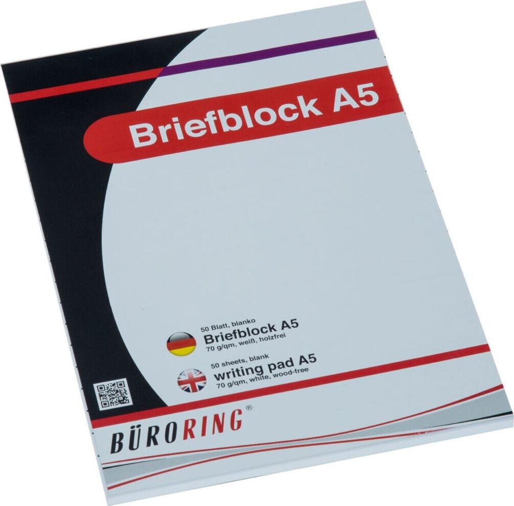 Büroring Briefblock, DIN A5, 50 Blatt, blanko, holzfrei, weiß, 70g/qm
