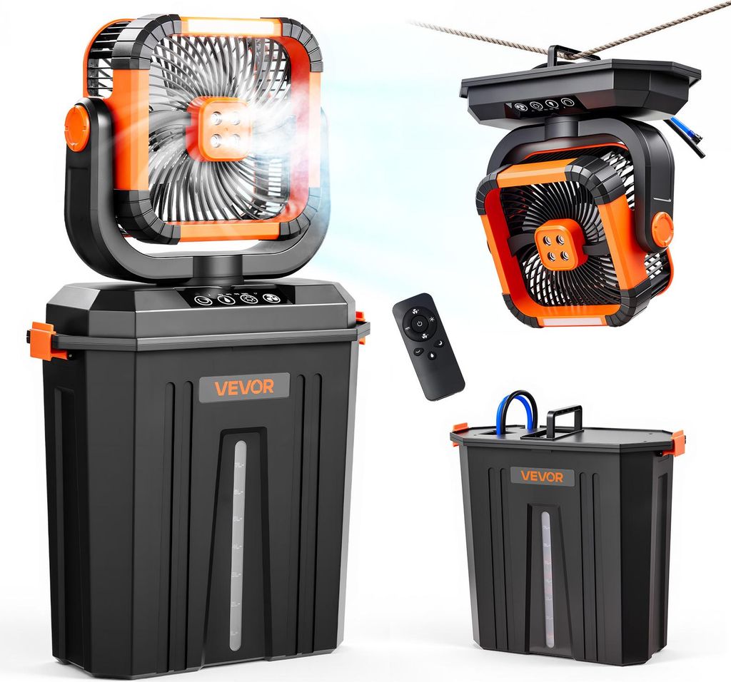 VEVOR Akku Camping Ventilator, 2400 U/min Motor, Outdoor Nebelventilator mit 12-L-Wassertank, 20000-mAh-Akku, 4 Gänge & 3 Beleuchtungsmodi, Wasser...