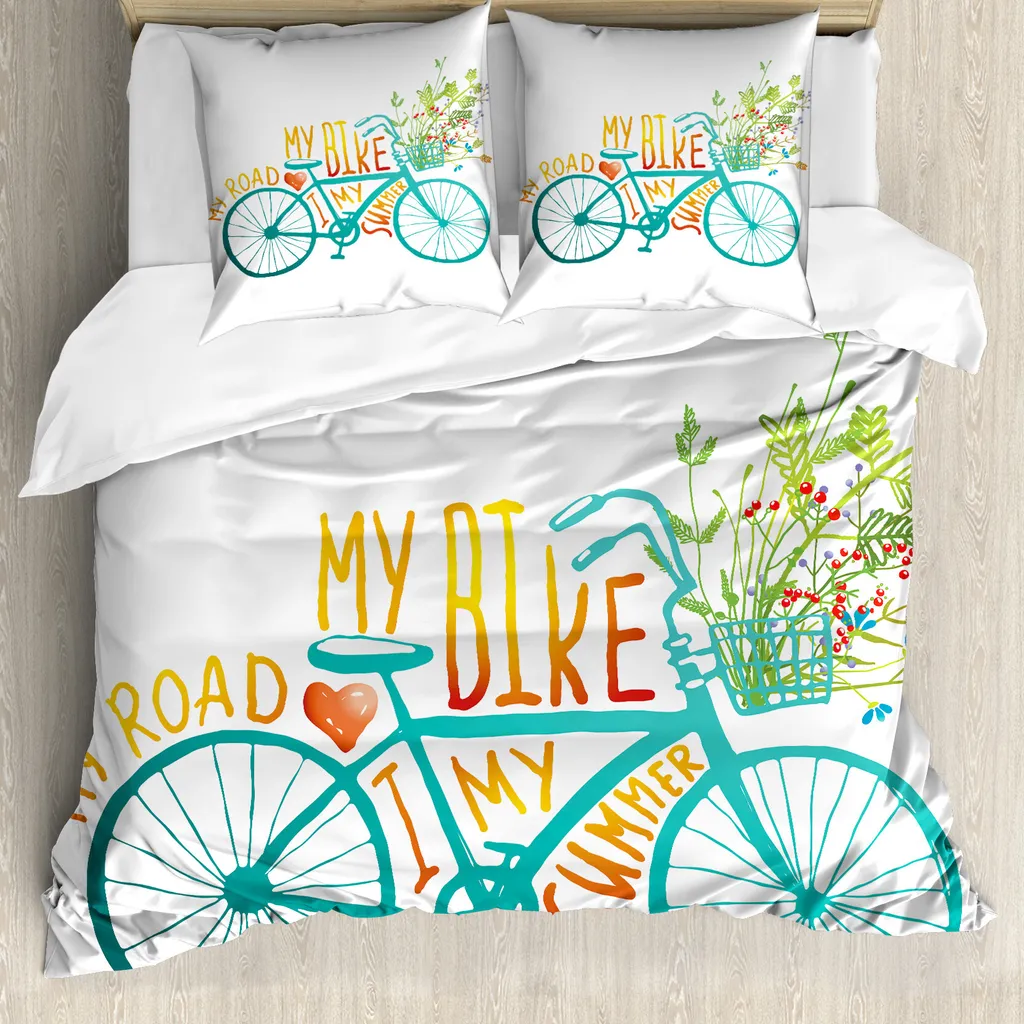ABAKUHAUS Copripiumino Bicicletta, Bicicletta blu con fiori, Antiacaro Adatto a chi soffre di allergie con federe, 155 cm x 220 cm - 80 x 80 cm, Turchese Giallo