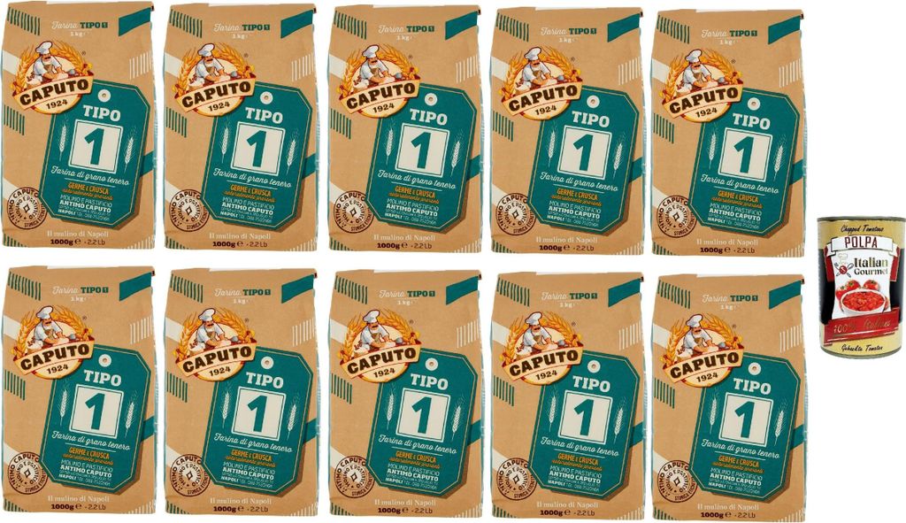 Caputo Farina Tipo 1, Typ 1 Weizenmehl, Mehl für lange Sauerteig, für Mischungen und für Brot, Pizza, Desserts. 10x 1 kg + Italian Gourmet polpa...
