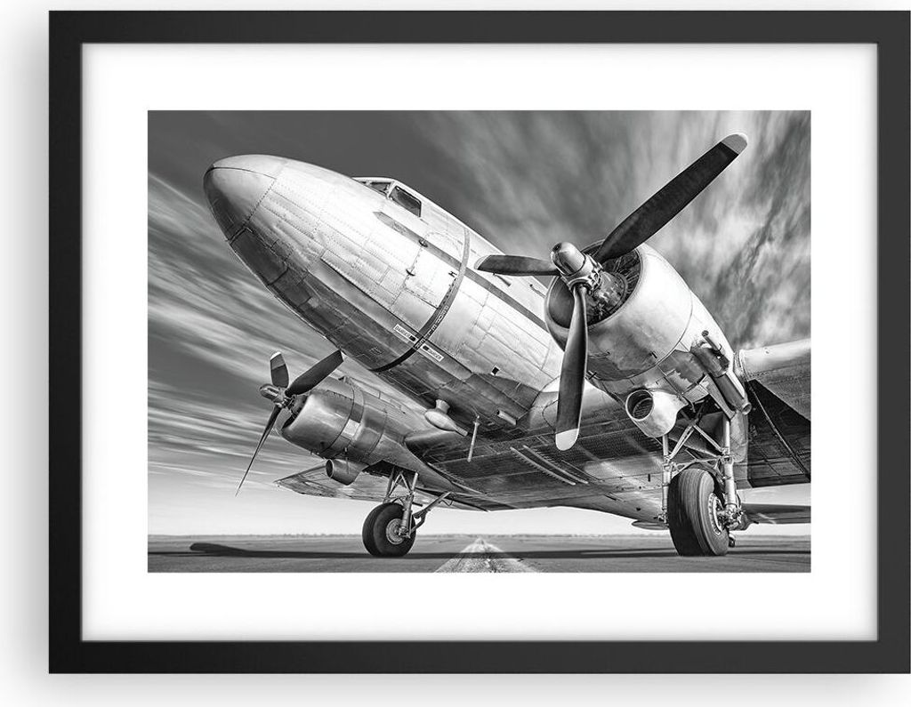 Gerahmtes Poster - Schwarzer Rahmen - Flugzeug Retro Flugzeug - 40x30 cm - Wand Bild - Wanddeko - Wandbilder - Kunstposter - Wandposter - Bilderrah...