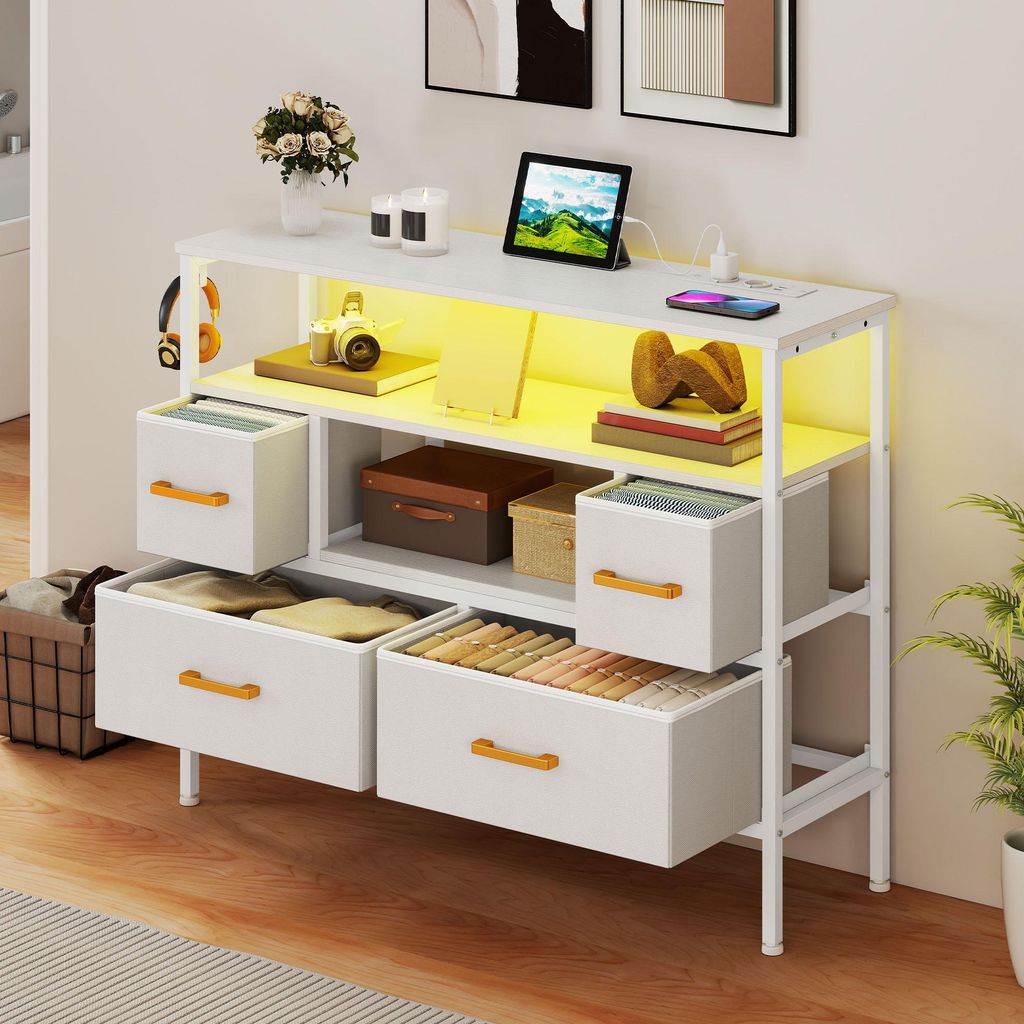 BALCONERA Schubladenschränke, Kommode mit Steckdosen und LED-Beleuchtung, Stoffkommode mit 4 Schubladen und 2 Haken, 100 x 30 x 80 cm