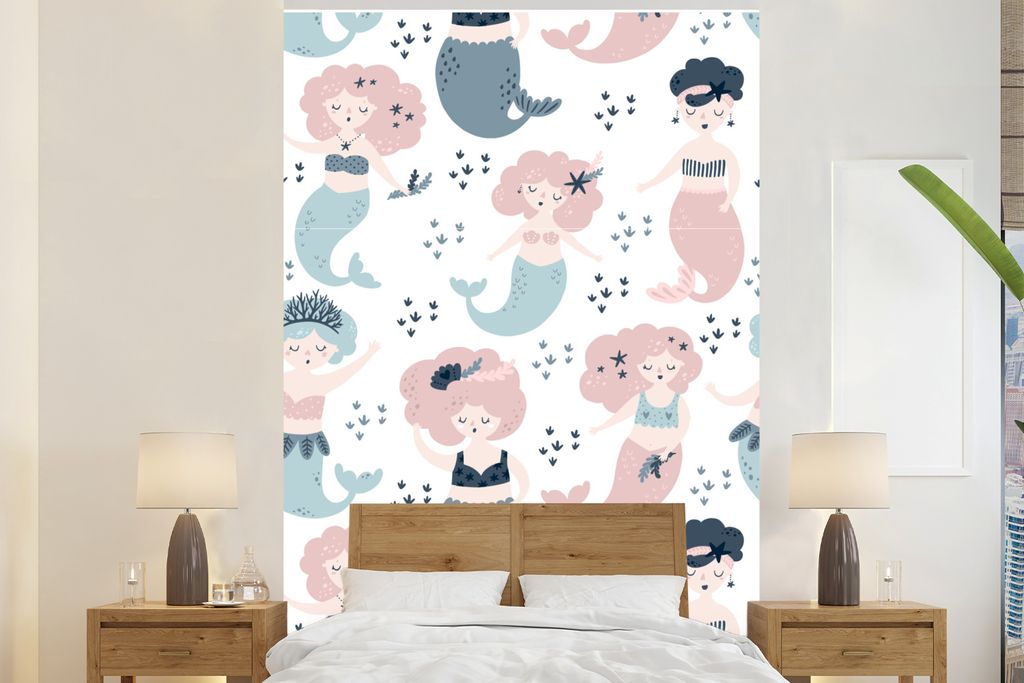 MuchoWow Fototapete für Wohnzimmer oder Schlafzimmer Wandtapete Vinyl Motivtapete Muster - Meerjungfrau - Tiere - 145x220 cm - Wanddekoration