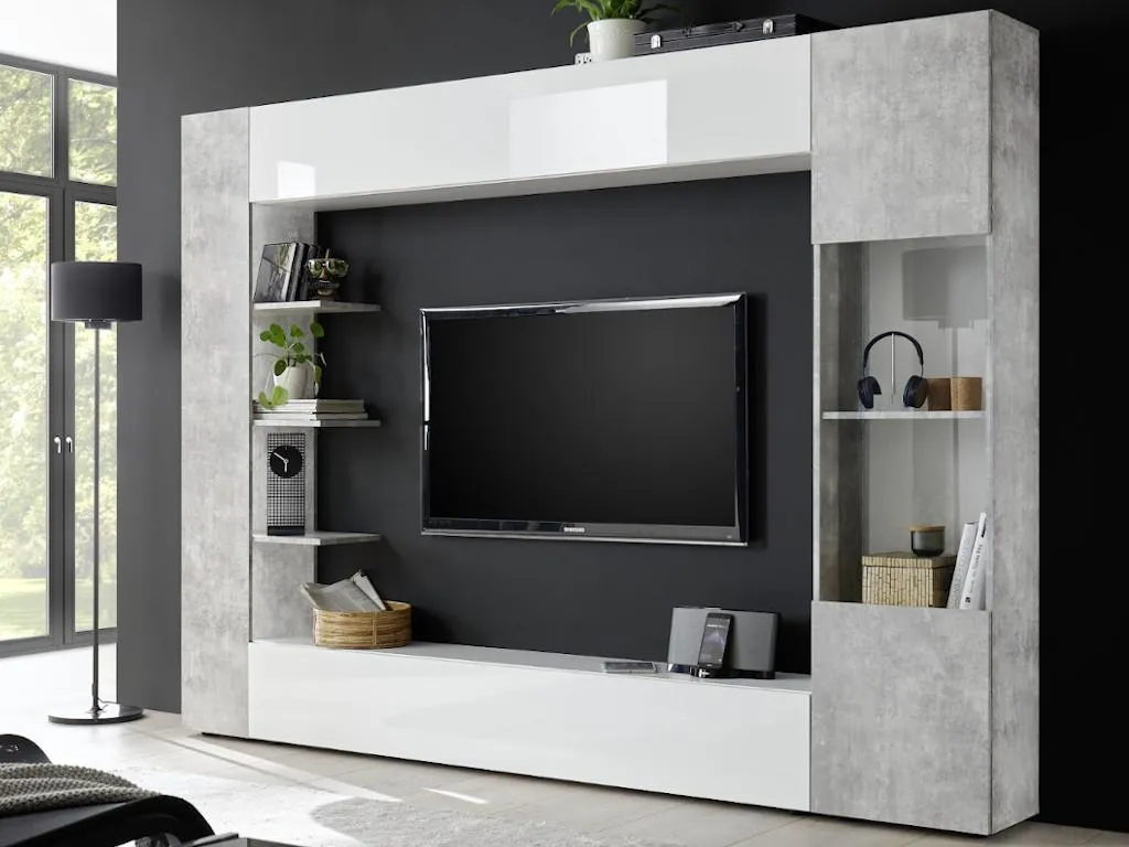 Meuble TV SIRIUS Blanc et Effet Béton avec Rangement pour Salon Moderne