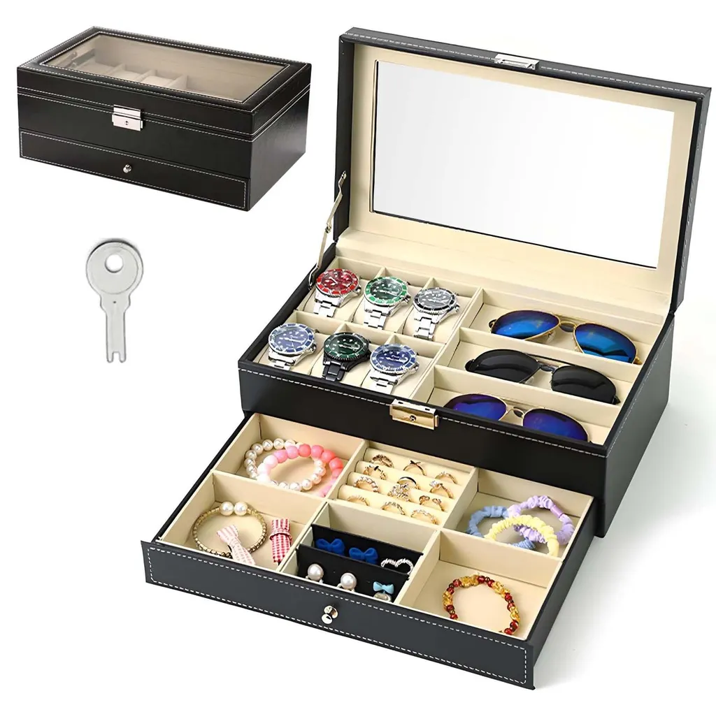 Boîte bijoux verrouillable pour 6 montres et lunettes avec vitre Pro