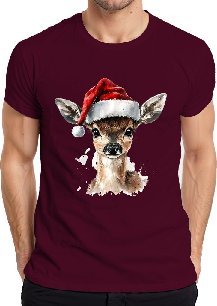 Rehkitz Weihnachten Aquarell süß Geschenk niedlich Santa Herren T-Shirt, Burgundy, XXL