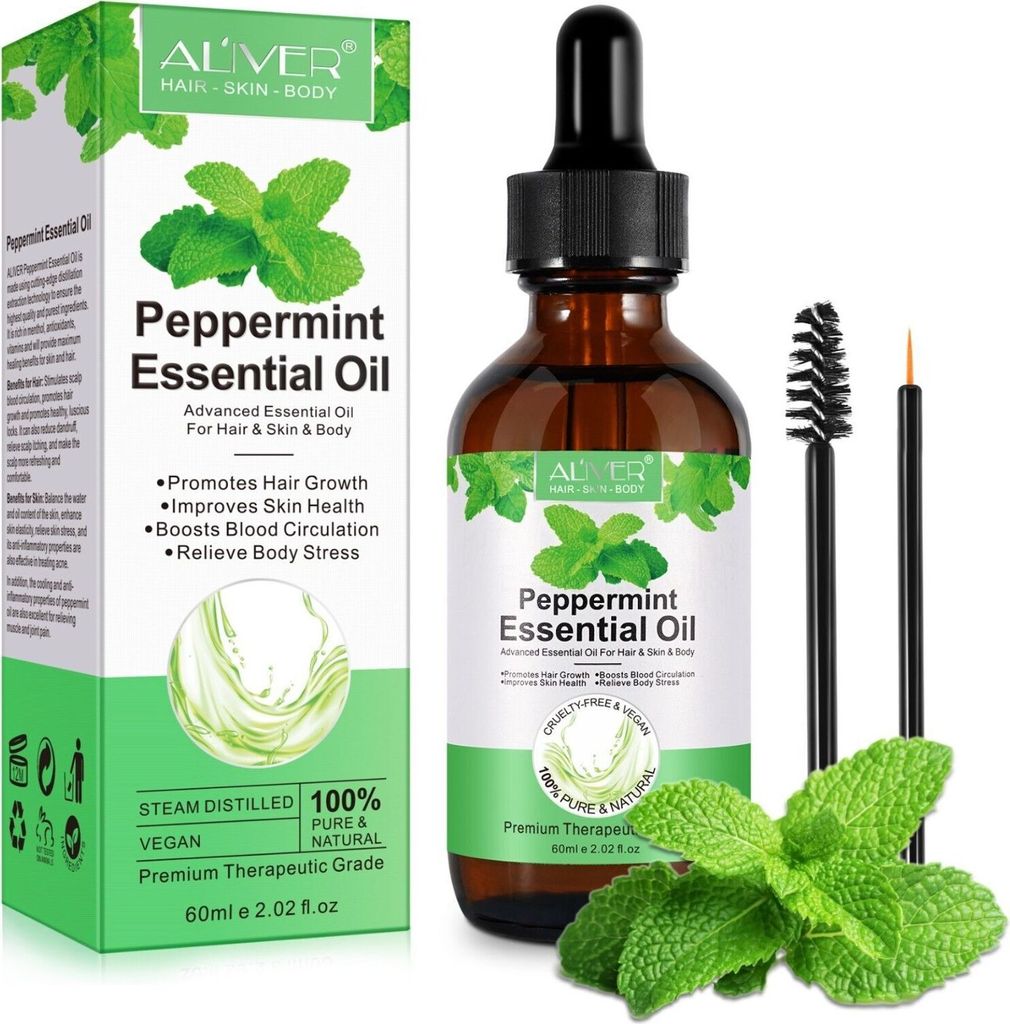 Pfefferminzöl Ätherisches Öl Haaröl Hautöl Massageöl Aromaöl 100% rein Bio Vegan, 1x 60ml