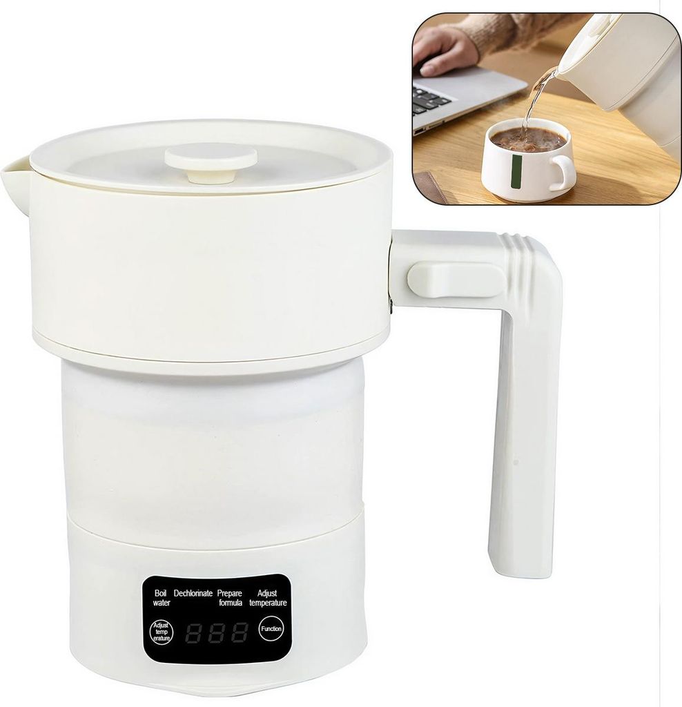tragbarer faltbarer wasserkocher 600ml, 550W mini reise elektrokocher, lebensmittelecht silikon, 4 temperaturstufen für hotel, büro, camping