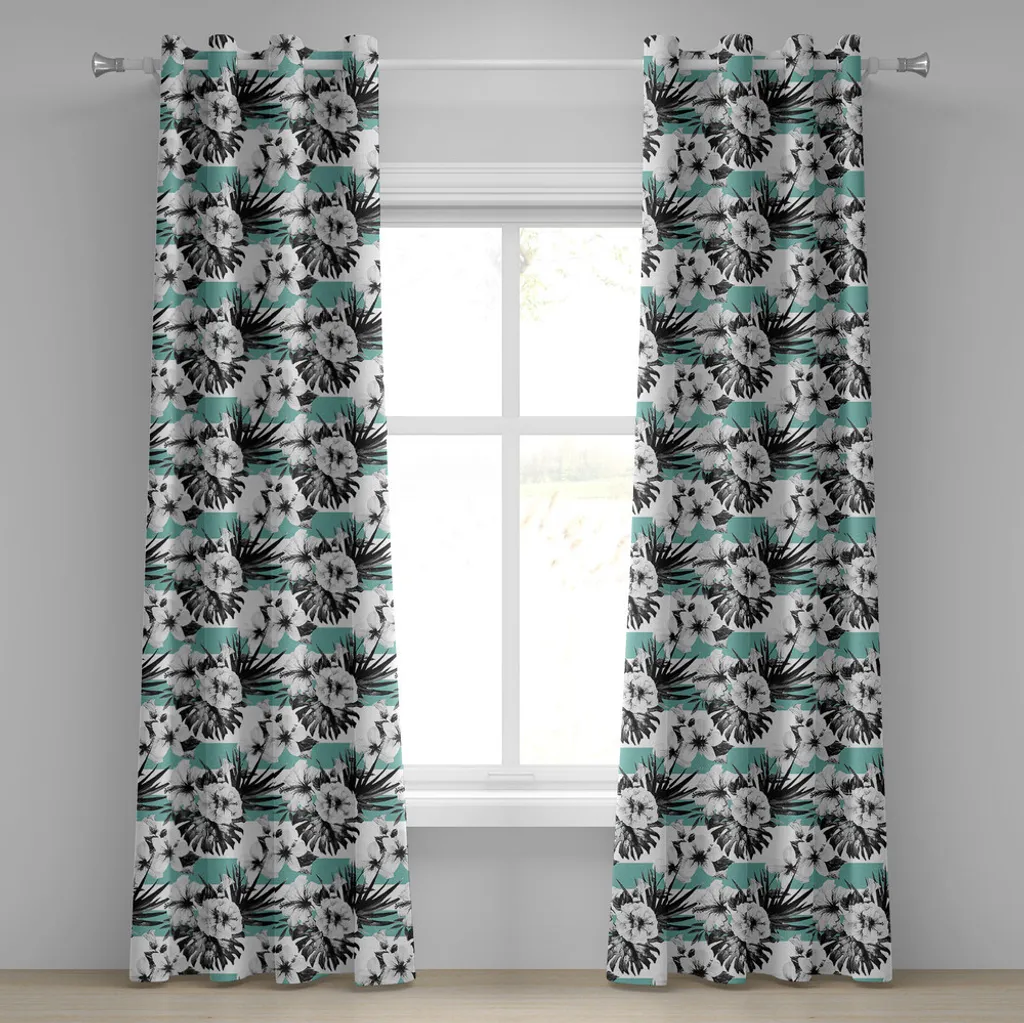 ABAKUHAUS Tenda con occhielli floreale, acquerello esotico con grafica floreale ibisco, stampa artistica tropical boho, tende decorative a 2 pannelli, 280 cm x 175 cm, grigio bianco verde acqua