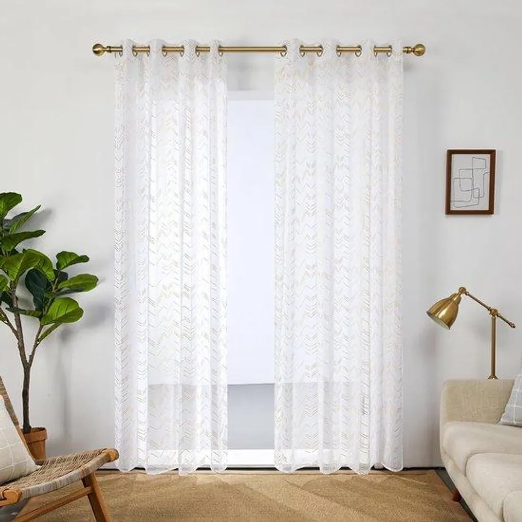 Rideaux blancs motif rayures dorées luxe - 2 panneaux de 140 x 183 cm