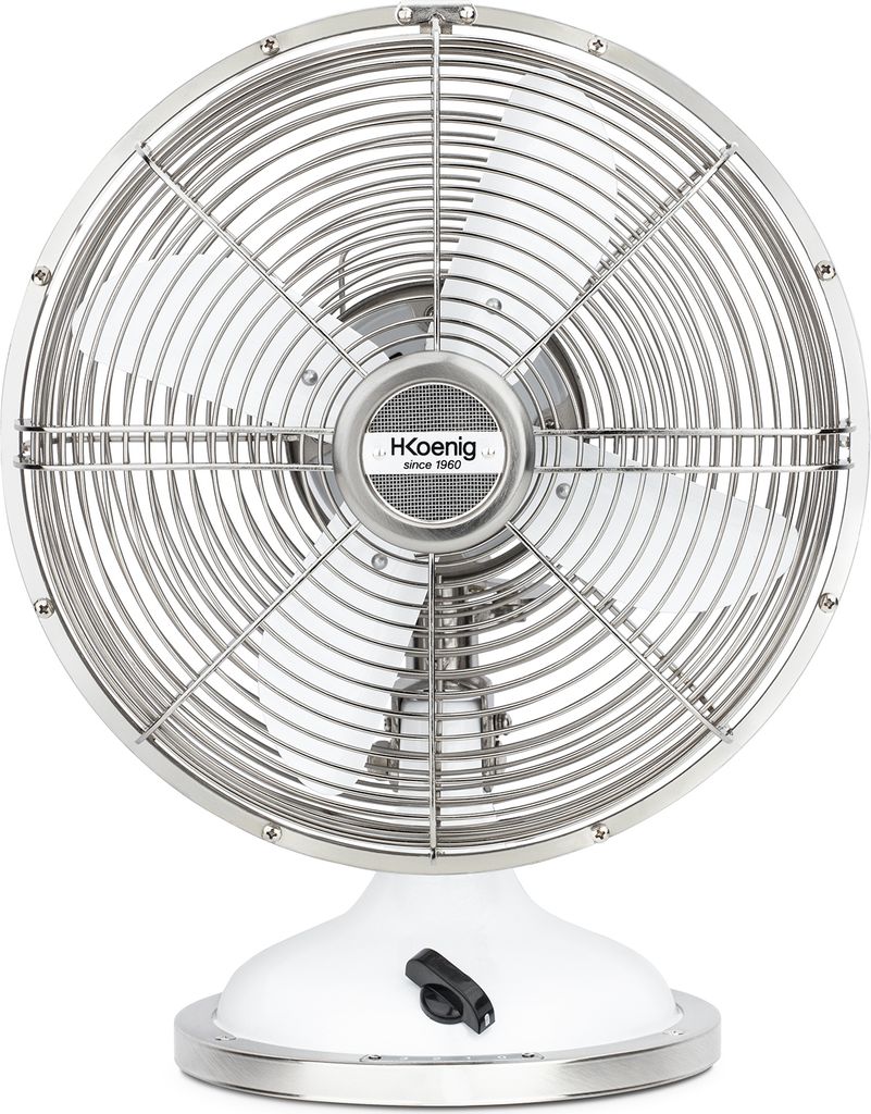 A close-up, front-facing view of a silver and white desk fan with a retro design.