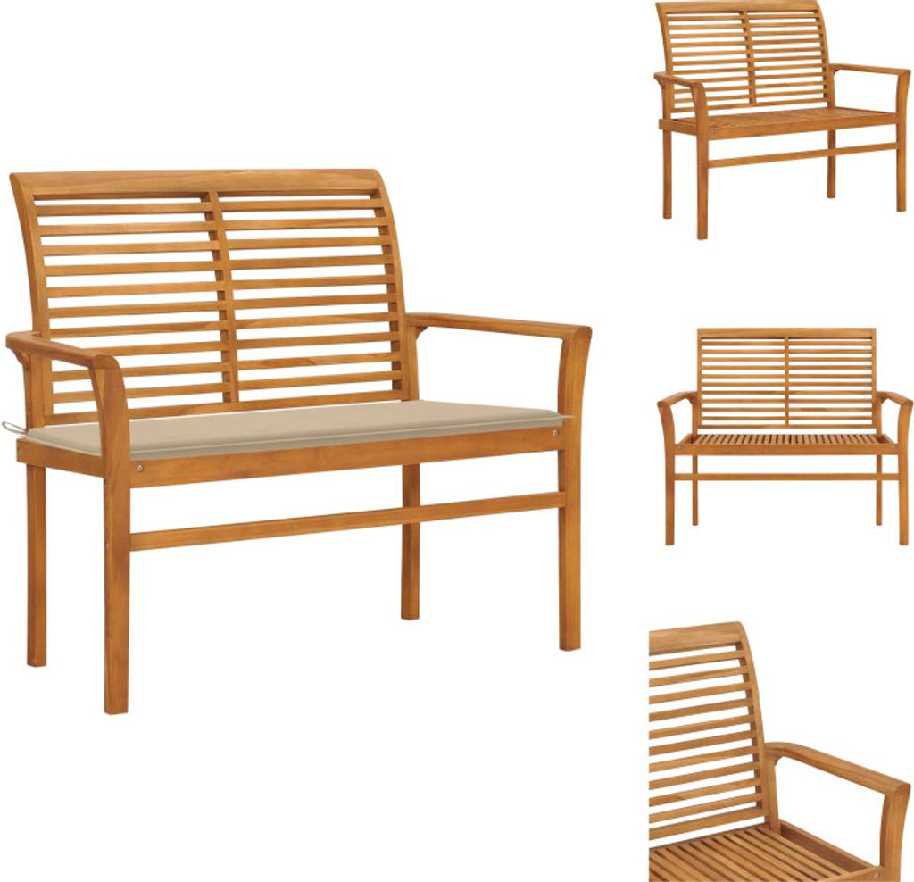 vidaXL Gartenbank mit Beige Auflage 112 cm Massivholz Teak - Gartenbänke