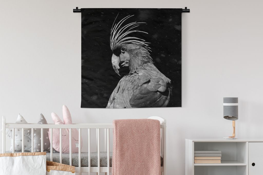 MuchoWow Wandteppich Wandbehang Porträt eines Goldkakadus auf schwarzem Hintergrund - schwarz und weiß 90x90 cm Tapisserie Dekoration Wandtuch ...