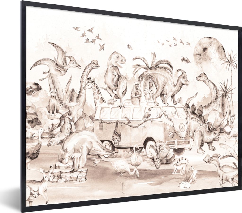 MuchoWow Gerahmtes Poster Dinosaurier - Bus - Kinder - Tiere - Bäume 40x30 cm - Poster mit Schwarzem Bilderrahmen Wandposter Rahmen Foto Bilder ...