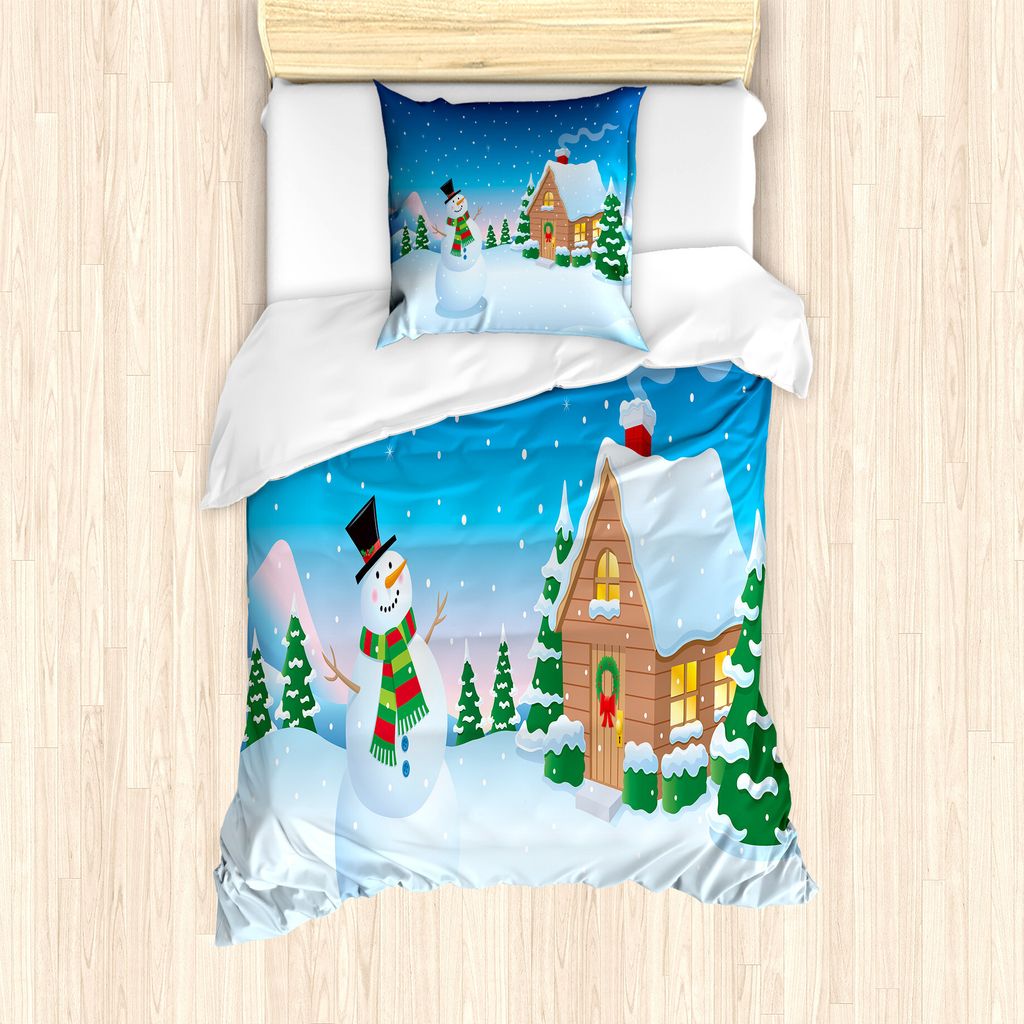 ABAKUHAUS Snowy-Bäume Bettbezug Set für Einzelbetten, Frohe Schneemann und Haus, Milbensicher Allergiker geeignet mit Kissenbezug, 135 cm x 200 c...