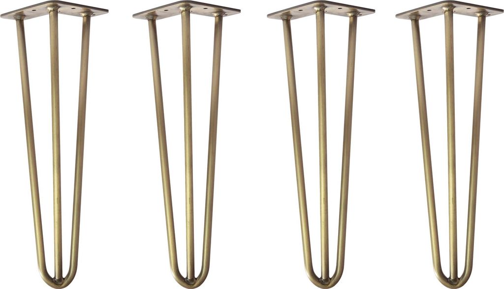 Natural Goods Berlin HAIRPIN Legs, Haarnadelbeine, Möbelfüße, Tischbeine, Antik Gold, 40 cm, 3 Streben, 4 Stück