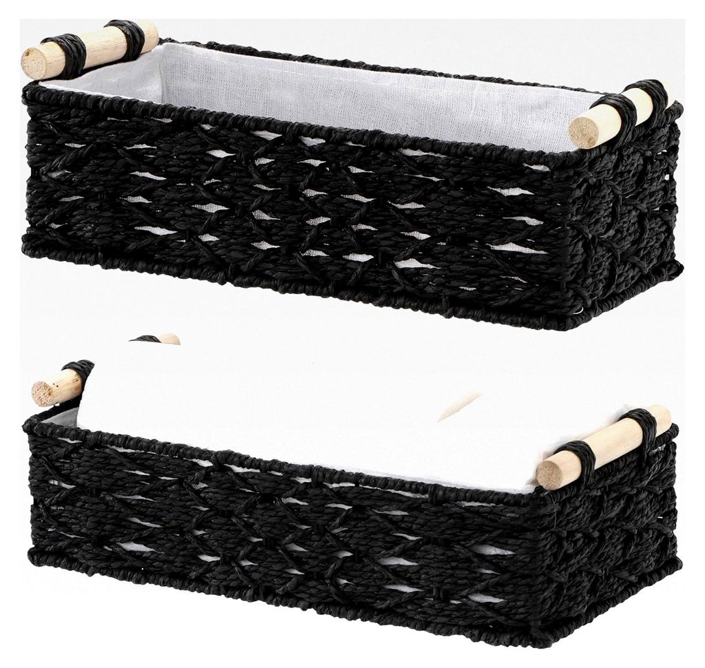 2er Set geflochtene Körbe - Aufbewahrungskörbe mit Tragegriffen - Geflochtener Korb mit Baumwollfutter - Schwarz