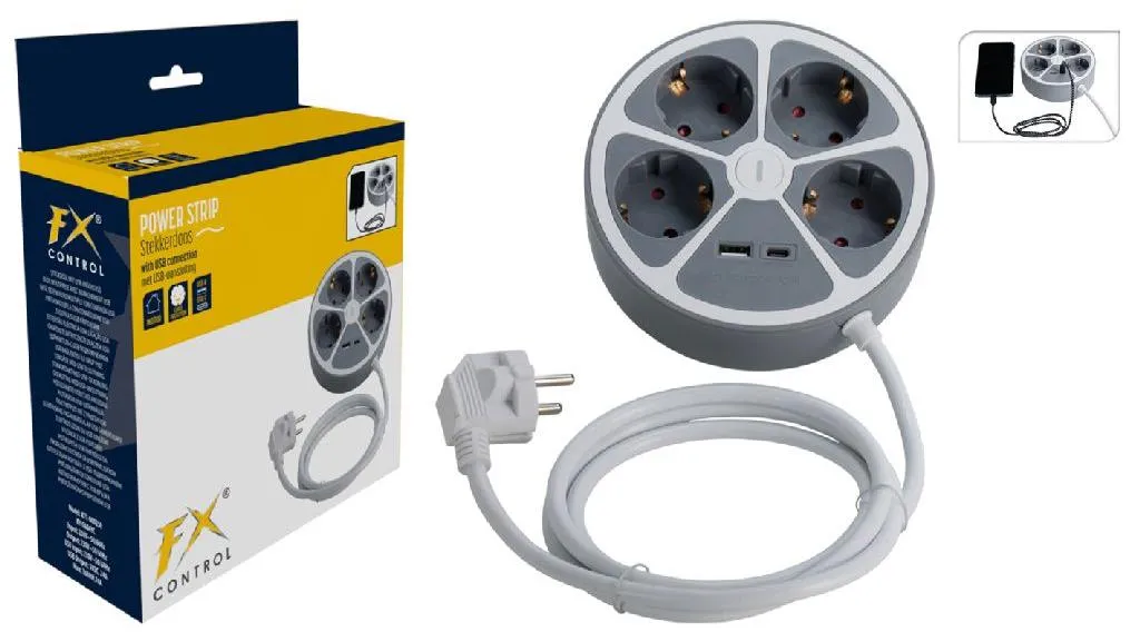 Prise multiple ronde 4 postes grise idéale pour bureau et coin TV